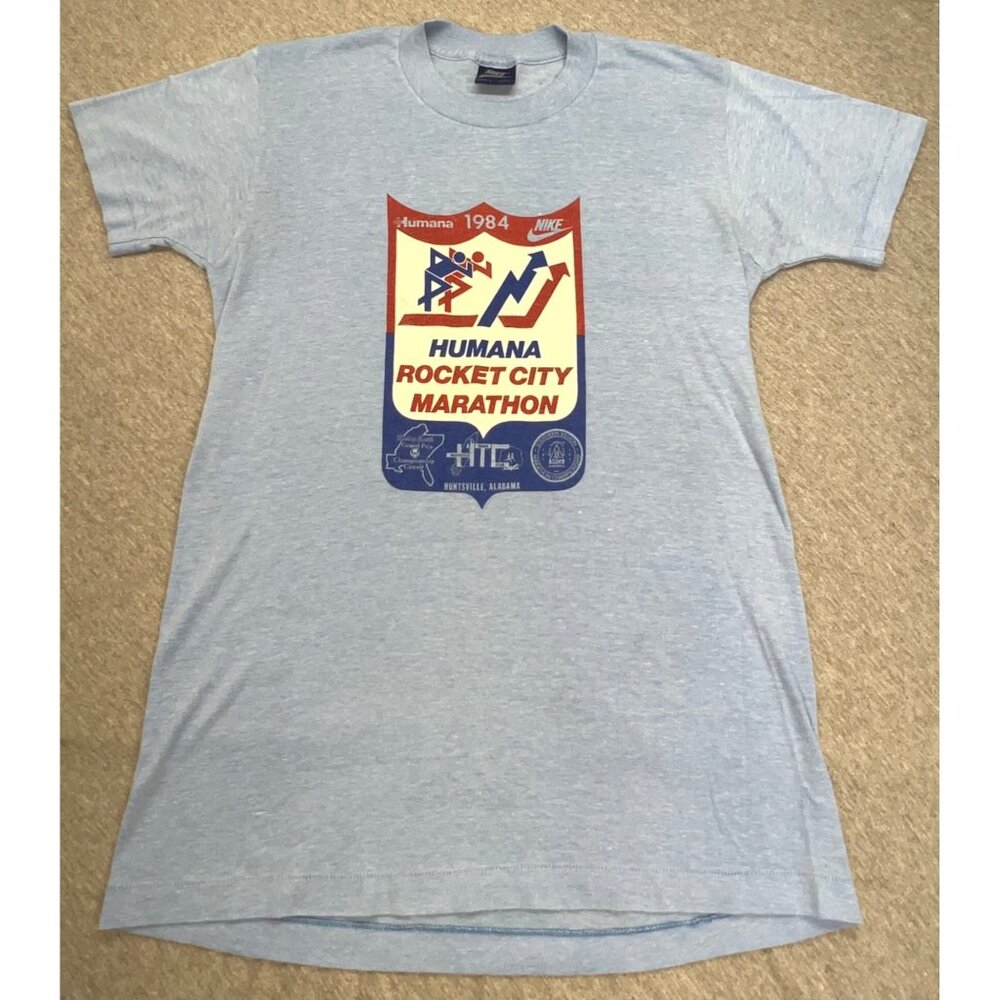 Vintage 1984 Nike Humana Rocket City Marathon Blue Graphic T-Shirt Mens M - Picture 4 of 9